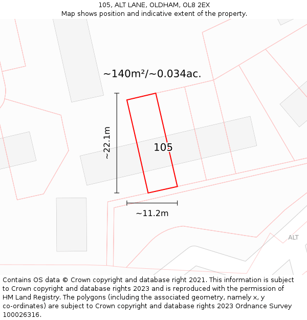 105, ALT LANE, OLDHAM, OL8 2EX: Plot and title map