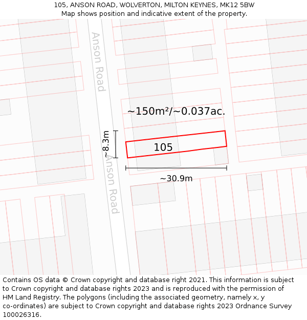 105, ANSON ROAD, WOLVERTON, MILTON KEYNES, MK12 5BW: Plot and title map
