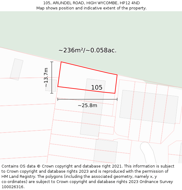 105, ARUNDEL ROAD, HIGH WYCOMBE, HP12 4ND: Plot and title map