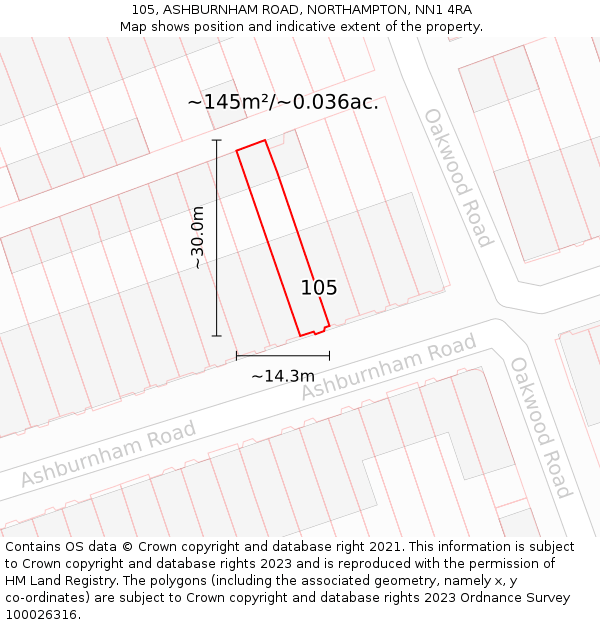 105, ASHBURNHAM ROAD, NORTHAMPTON, NN1 4RA: Plot and title map