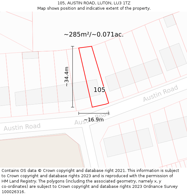 105, AUSTIN ROAD, LUTON, LU3 1TZ: Plot and title map