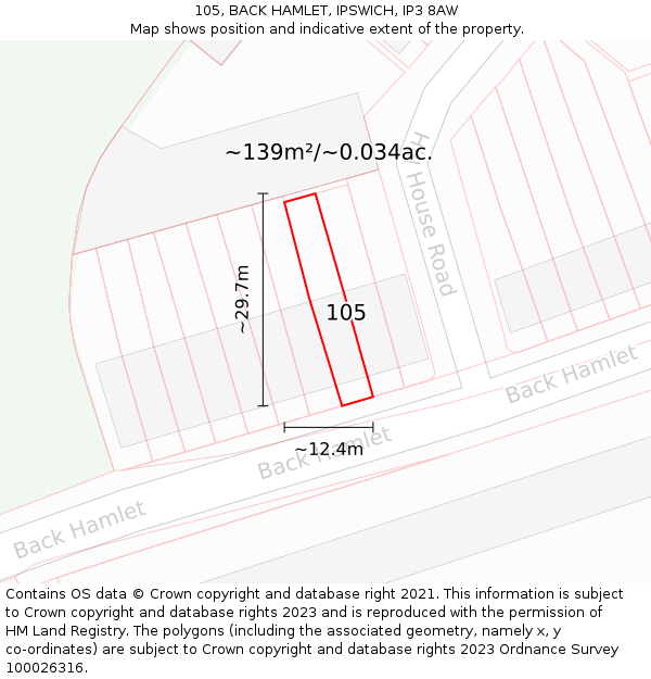 105, BACK HAMLET, IPSWICH, IP3 8AW: Plot and title map