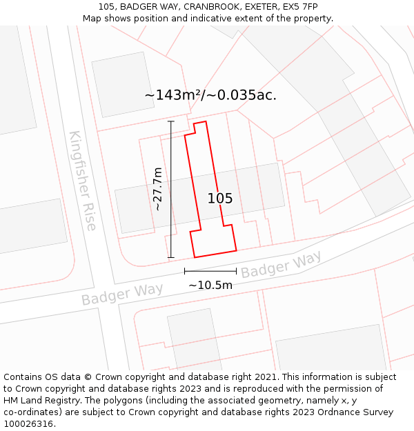 105, BADGER WAY, CRANBROOK, EXETER, EX5 7FP: Plot and title map