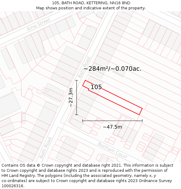 105, BATH ROAD, KETTERING, NN16 8ND: Plot and title map