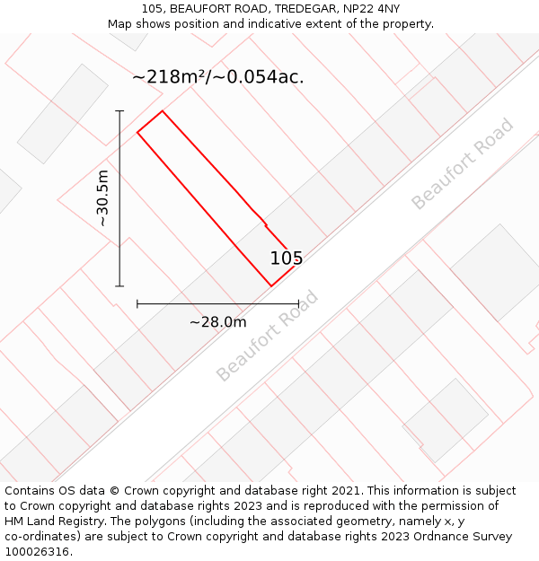 105, BEAUFORT ROAD, TREDEGAR, NP22 4NY: Plot and title map