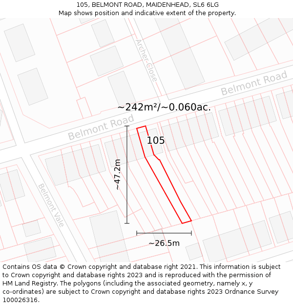 105, BELMONT ROAD, MAIDENHEAD, SL6 6LG: Plot and title map