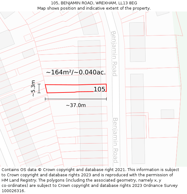 105, BENJAMIN ROAD, WREXHAM, LL13 8EG: Plot and title map