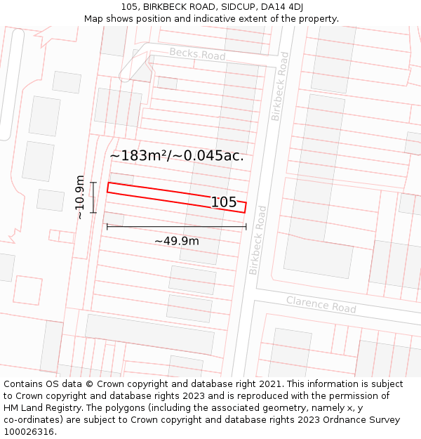 105, BIRKBECK ROAD, SIDCUP, DA14 4DJ: Plot and title map