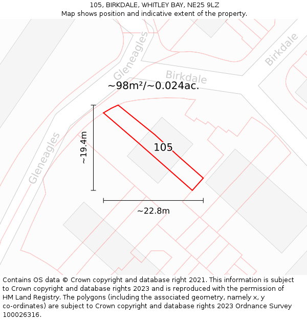 105, BIRKDALE, WHITLEY BAY, NE25 9LZ: Plot and title map
