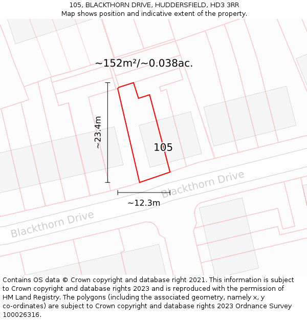 105, BLACKTHORN DRIVE, HUDDERSFIELD, HD3 3RR: Plot and title map