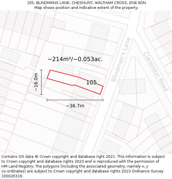 105, BLINDMANS LANE, CHESHUNT, WALTHAM CROSS, EN8 9DN: Plot and title map