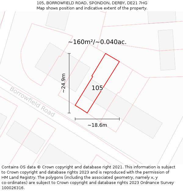 105, BORROWFIELD ROAD, SPONDON, DERBY, DE21 7HG: Plot and title map