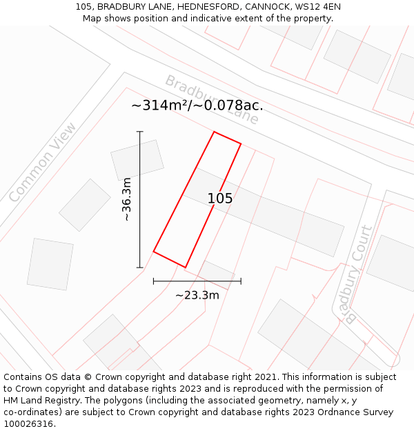 105, BRADBURY LANE, HEDNESFORD, CANNOCK, WS12 4EN: Plot and title map
