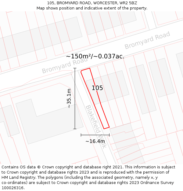 105, BROMYARD ROAD, WORCESTER, WR2 5BZ: Plot and title map