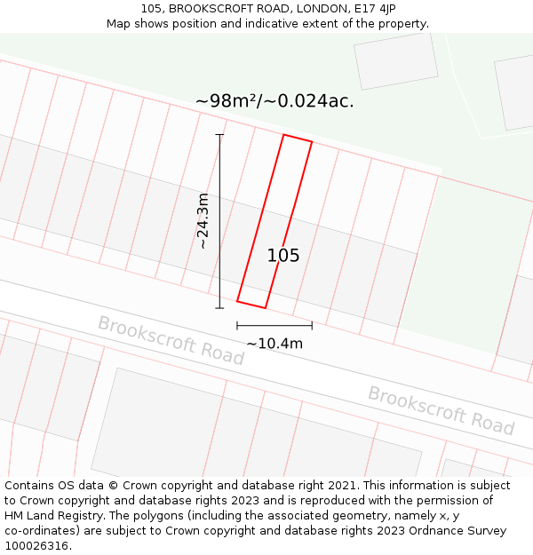 105, BROOKSCROFT ROAD, LONDON, E17 4JP: Plot and title map