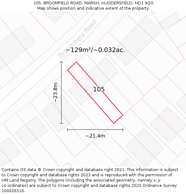 105, BROOMFIELD ROAD, MARSH, HUDDERSFIELD, HD1 4QG: Plot and title map