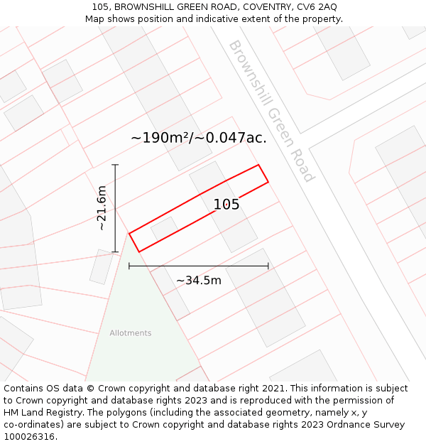 105, BROWNSHILL GREEN ROAD, COVENTRY, CV6 2AQ: Plot and title map