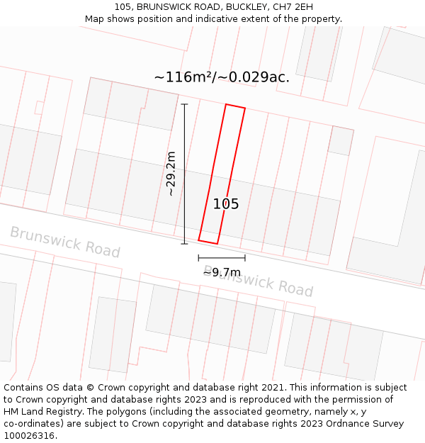 105, BRUNSWICK ROAD, BUCKLEY, CH7 2EH: Plot and title map