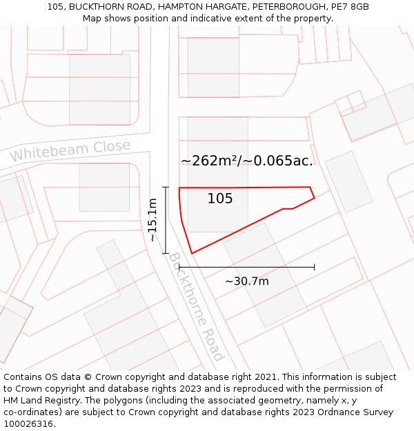 105, BUCKTHORN ROAD, HAMPTON HARGATE, PETERBOROUGH, PE7 8GB: Plot and title map