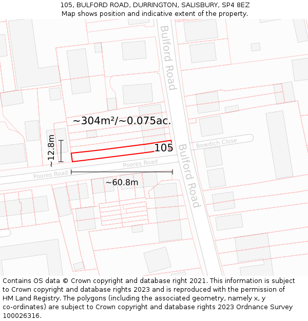 105, BULFORD ROAD, DURRINGTON, SALISBURY, SP4 8EZ: Plot and title map