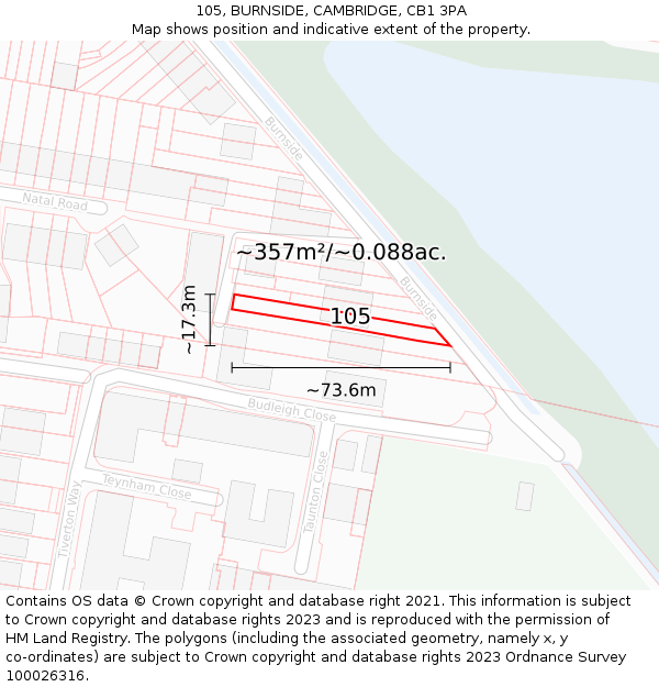 105, BURNSIDE, CAMBRIDGE, CB1 3PA: Plot and title map