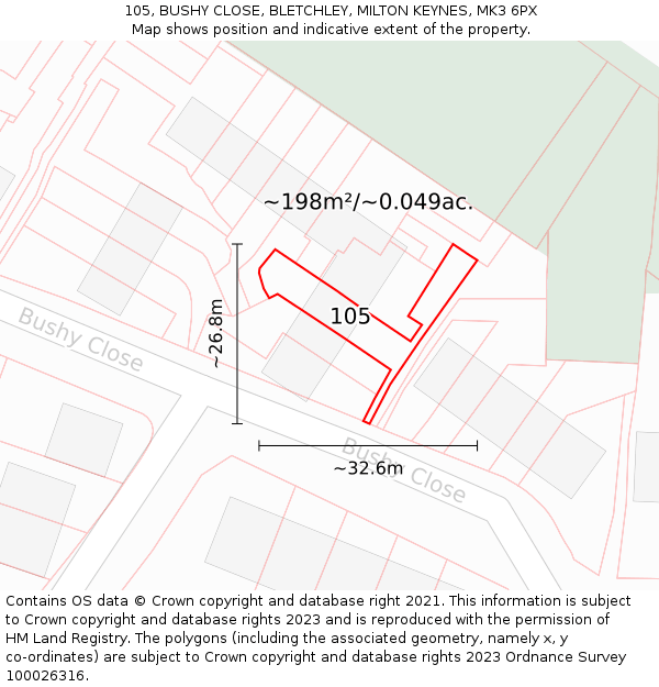 105, BUSHY CLOSE, BLETCHLEY, MILTON KEYNES, MK3 6PX: Plot and title map