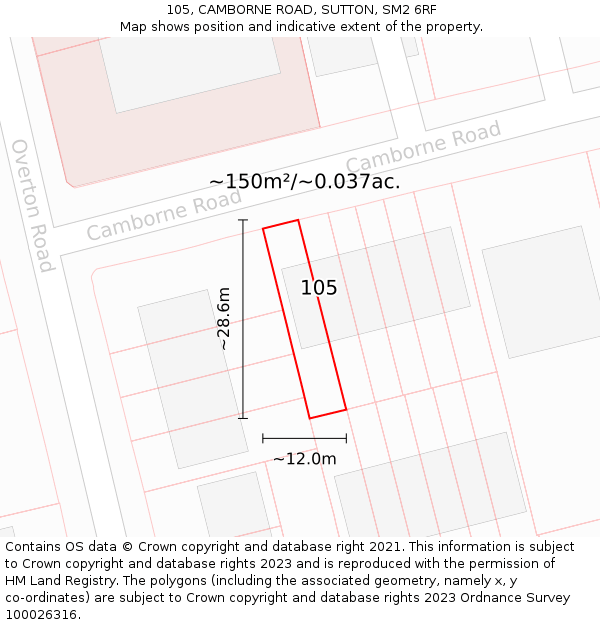 105, CAMBORNE ROAD, SUTTON, SM2 6RF: Plot and title map
