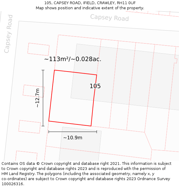105, CAPSEY ROAD, IFIELD, CRAWLEY, RH11 0UF: Plot and title map