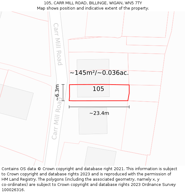 105, CARR MILL ROAD, BILLINGE, WIGAN, WN5 7TY: Plot and title map