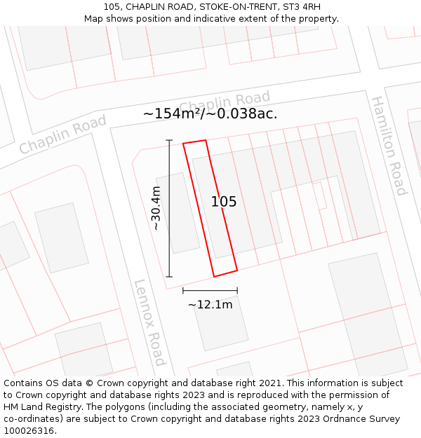 105, CHAPLIN ROAD, STOKE-ON-TRENT, ST3 4RH: Plot and title map