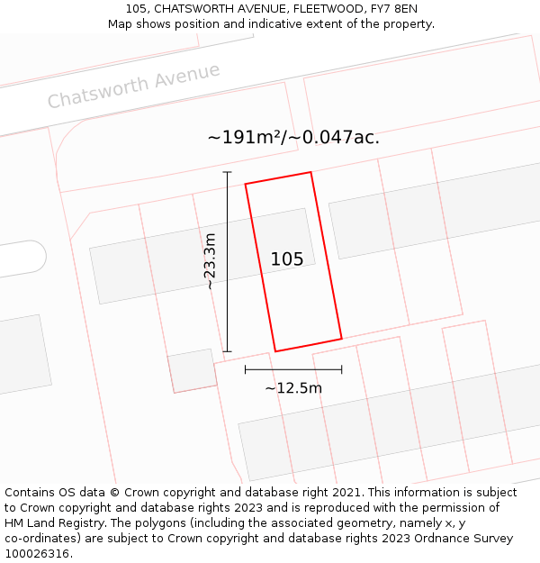 105, CHATSWORTH AVENUE, FLEETWOOD, FY7 8EN: Plot and title map