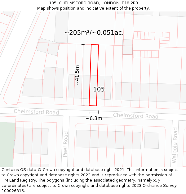 105, CHELMSFORD ROAD, LONDON, E18 2PR: Plot and title map