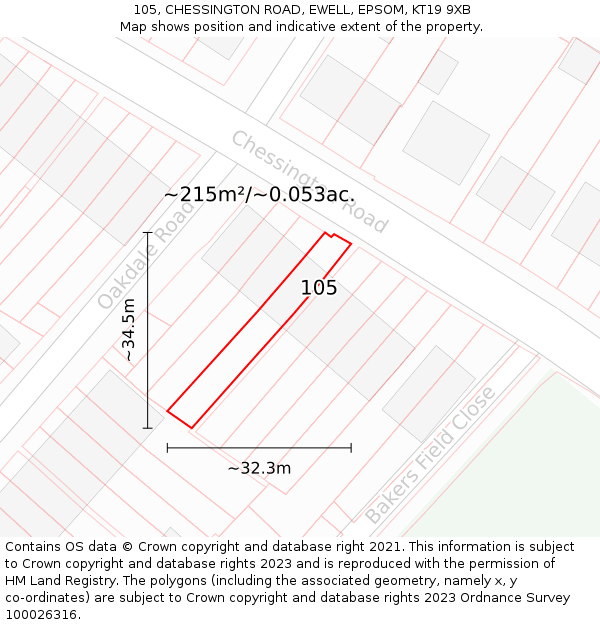 105, CHESSINGTON ROAD, EWELL, EPSOM, KT19 9XB: Plot and title map
