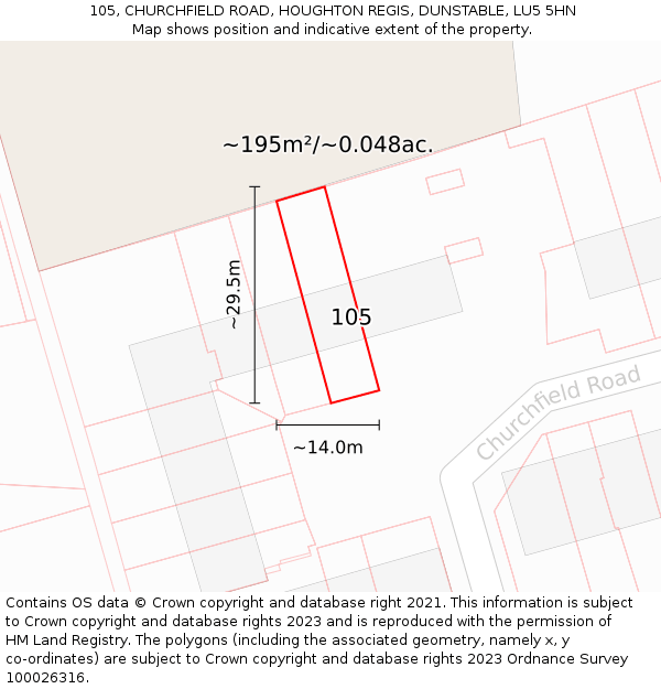 105, CHURCHFIELD ROAD, HOUGHTON REGIS, DUNSTABLE, LU5 5HN: Plot and title map