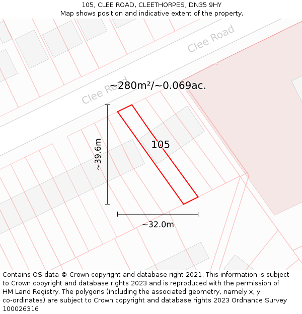 105, CLEE ROAD, CLEETHORPES, DN35 9HY: Plot and title map