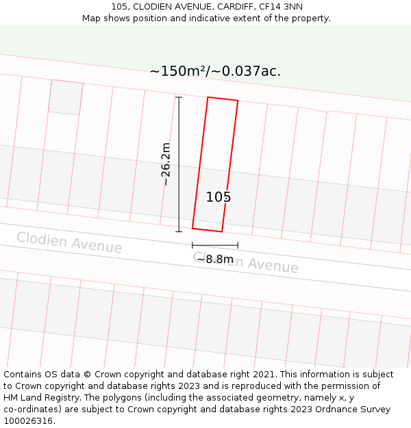 105, CLODIEN AVENUE, CARDIFF, CF14 3NN: Plot and title map