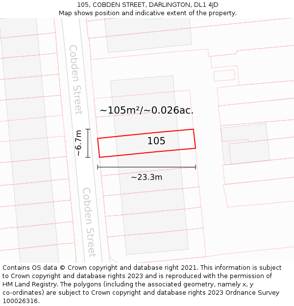 105, COBDEN STREET, DARLINGTON, DL1 4JD: Plot and title map