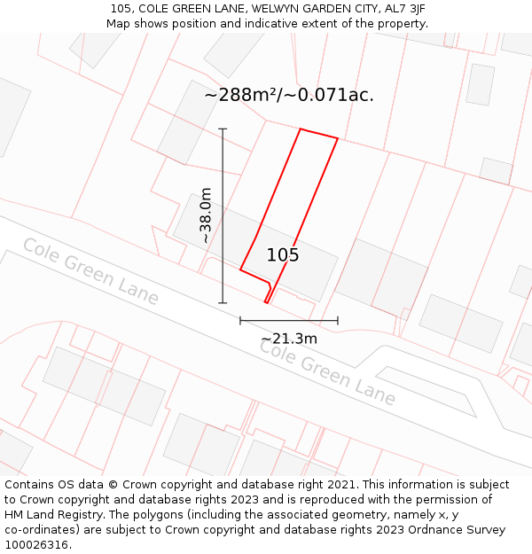 105, COLE GREEN LANE, WELWYN GARDEN CITY, AL7 3JF: Plot and title map