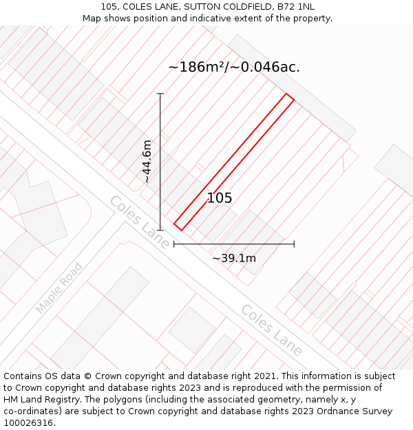 105, COLES LANE, SUTTON COLDFIELD, B72 1NL: Plot and title map