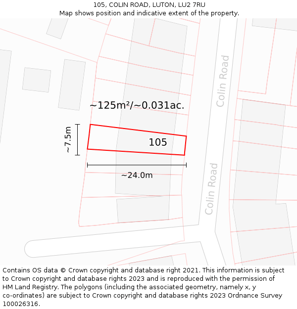 105, COLIN ROAD, LUTON, LU2 7RU: Plot and title map