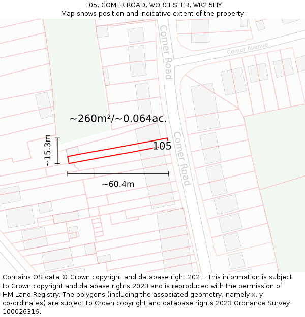 105, COMER ROAD, WORCESTER, WR2 5HY: Plot and title map