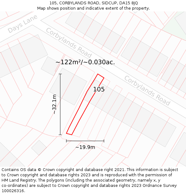 105, CORBYLANDS ROAD, SIDCUP, DA15 8JQ: Plot and title map