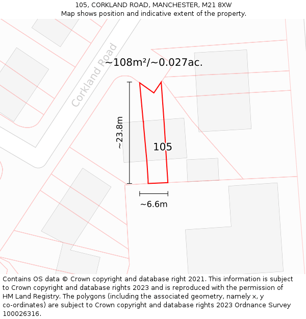 105, CORKLAND ROAD, MANCHESTER, M21 8XW: Plot and title map