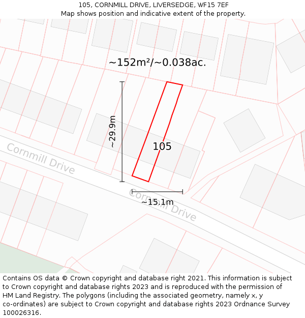 105, CORNMILL DRIVE, LIVERSEDGE, WF15 7EF: Plot and title map
