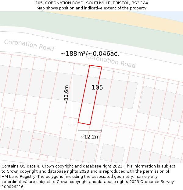 105, CORONATION ROAD, SOUTHVILLE, BRISTOL, BS3 1AX: Plot and title map