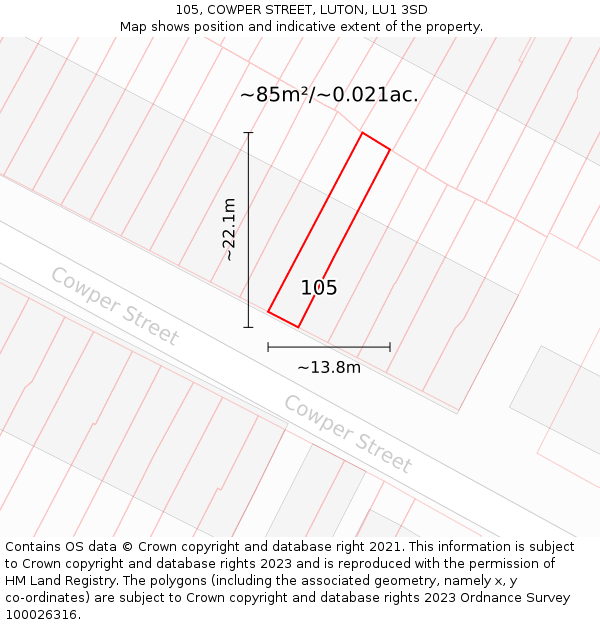 105, COWPER STREET, LUTON, LU1 3SD: Plot and title map