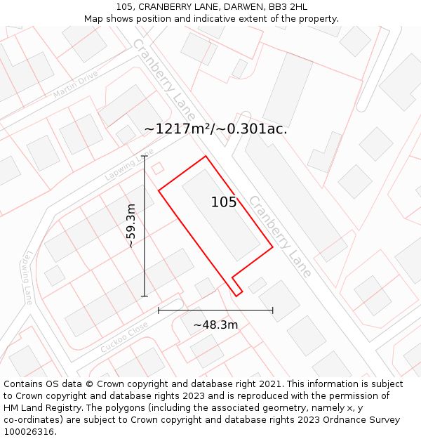 105, CRANBERRY LANE, DARWEN, BB3 2HL: Plot and title map