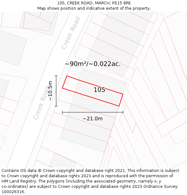 105, CREEK ROAD, MARCH, PE15 8RE: Plot and title map