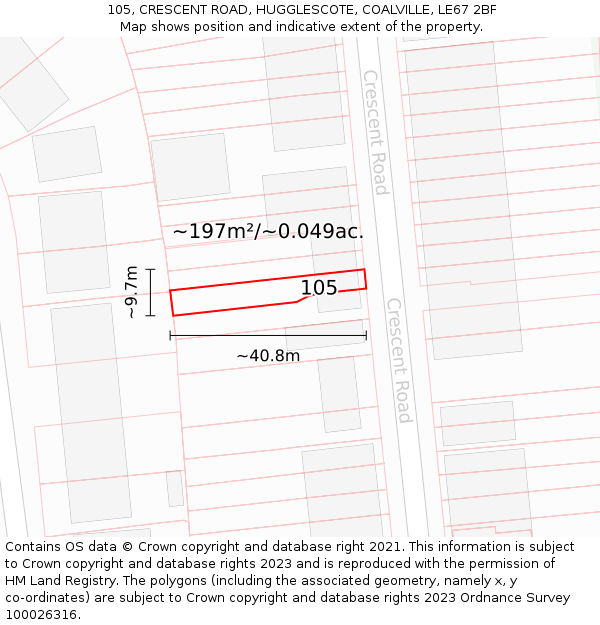 105, CRESCENT ROAD, HUGGLESCOTE, COALVILLE, LE67 2BF: Plot and title map