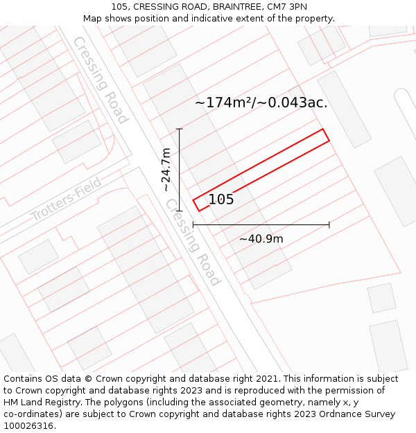 105, CRESSING ROAD, BRAINTREE, CM7 3PN: Plot and title map